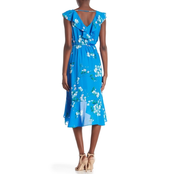 NWT Socialite Ruffle High-Low Wrap-Style Midi Dress | Red | Size Small - Picture 4 of 7